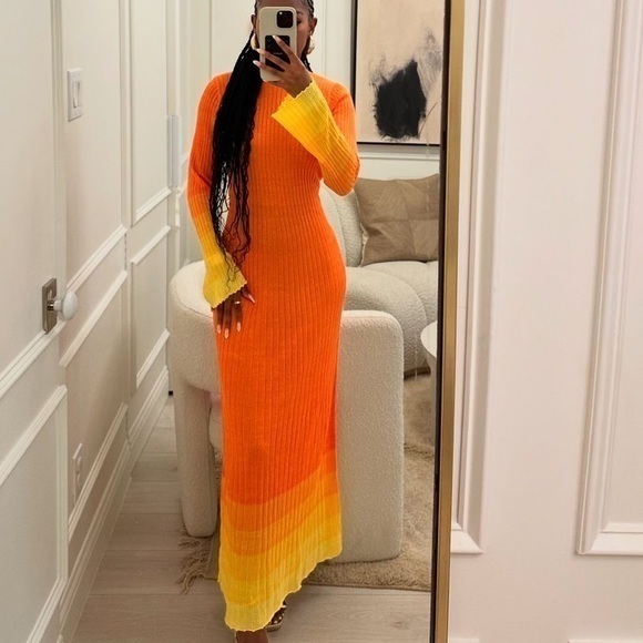 Future Collective Dresses & Skirts - Women's Long Sleeve Open Back Maxi Dress - Future Collective Orange Ombre